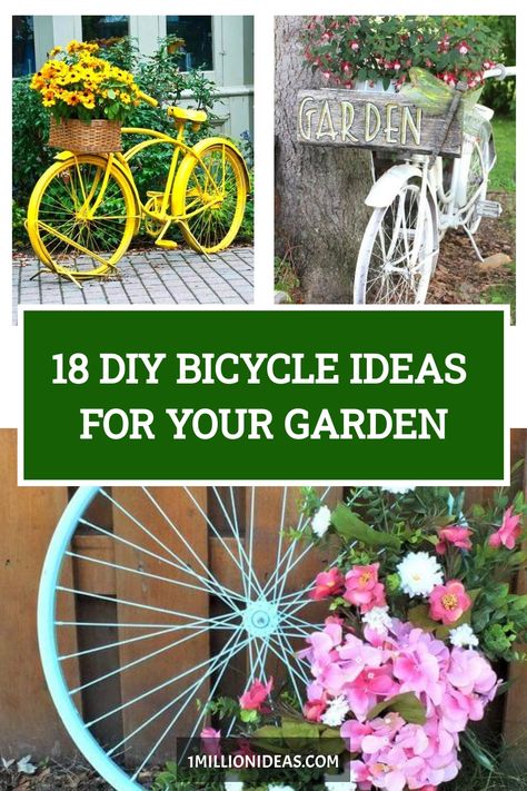 18 DIY Bicycle Ideas For Your Garden Bike Wheels In The Garden, Bike Tire Crafts, Bicycle Wheel Decor, Bicycle Art Recycled, Diy Bicycle, Bicycle Crafts, Bike Planter, Bicycle Ideas, Bike Decorations