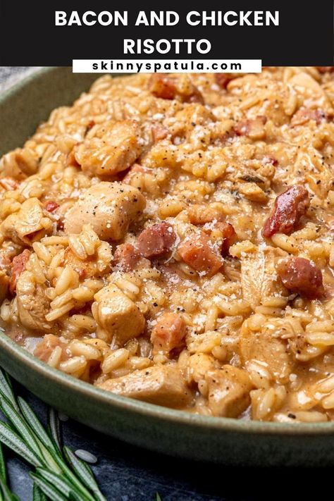 Bacon and chicken risotto may not be the most traditional combination, but it's so velvety and comforting, everyone will likely go for seconds. You can make this creamy chicken risotto with bacon or pancetta and serve it with a generous sprinkle of grated parmesan for the ultimate weeknight treat. Risotto With Bacon, Chicken Bacon Risotto, Creamy Chicken Risotto, Pancetta Risotto, Smoked Haddock Risotto, Best Risotto Recipes, Risoni Recipes, Risotto Dinner, Bacon Risotto