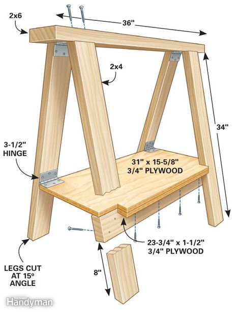 Sawhorse Plans - Article | The Family Handyman 2x4 Shelf, Meja Router, Build Table, Sawhorse Plans, Saw Horse Diy, Folding Sawhorse, Wooden Horses, Saw Horse, Wood Horse