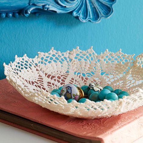 1-Hour Projects Crochet Bowls, Doily Crafts, Doilies Crafts, Easy Diy Decor, Painted Sticks, Lace Doilies, Glue Crafts, Filet Crochet, Diy Projects To Try