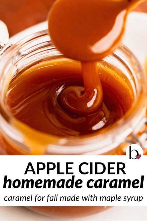 Apple cider caramel sauce swirled off a spoon into a jar. Best Caramel Sauce, Maple Syrup Caramel, Infused Maple Syrup, Apple Spice Cupcakes, Apple Cider Caramel, Caramel Candies Recipe, Homemade Caramel Recipes, Fall Apple Cider, Apple Cider Syrup