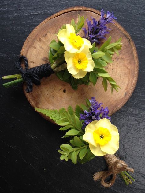 Spring wedding buttonholes Wedding Buttonholes, Button Holes Wedding, Beautiful Haircuts, April Wedding, Yellow And Purple, Button Holes, Button Hole, Spring Wedding, Daffodils