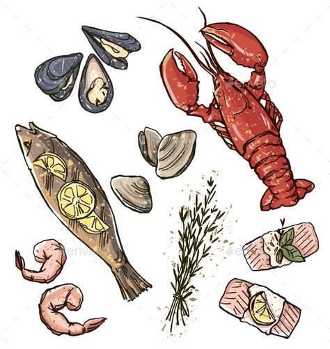 Sea Food Drawing, Seafood Drawing, Seafood Illustration, Seafood Art, Vegetable Drawing, Apartment Art, Amazing Drawings, Food Drawing, Free Graphics