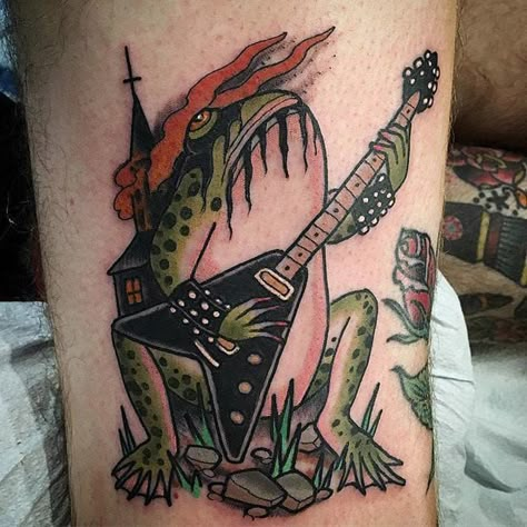 Civ Civ, Frog Guitar, Simple Tats, Frog Tattoo, Flame Tattoos, Explore Tattoo, Frog Tattoos, Guitar Tattoo, Flash Tattoo Designs