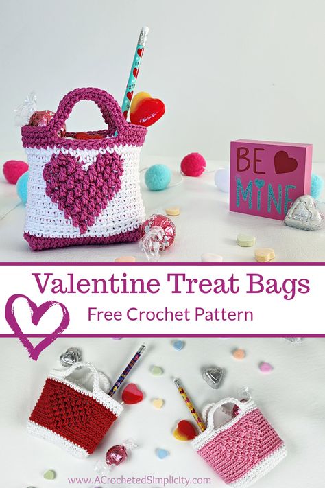 Learn to crochet Valentine Treat Bags with this quick and easy free crochet pattern. Fill with candy and pencils for a quick little gift! #valentinescrochetpatterns #freecrochetpattern #crochettreatbag #crochetcandybag #crochetgiftbag #valentinescrochetproject #crochetideasforvalentines #easyvalentinescrochetpattern #classroomvalentinestreats #crochet #valentinesday #valentinesforkids #crochetforkids #crochetgoodybag #crochetheartbag #crochetheart #crochetbag Crochet Valentine Treat Bags, Crochet Valentine Treat Bag Pattern, Crochet Valentine Patterns For Kids, Crochet Treat Bags Free Pattern, Crochet Candy Bag, Crochet Valentines Ideas For Kids, Lovecore Crochet, Crochet Treat Bags, Valentine’s Day Crochet Patterns