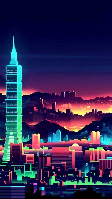 Illustration Artwork Inspiration, City Ideas, Retro City, Wallpaper Estetika, Wallpaper Retro, City Vector, New Retro Wave, Cyberpunk City, City Illustration