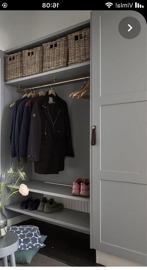 Hall Hall Cupboard Organisation, Hall Cupboard Ideas, Hall Inspiration Ikea, Stor Hall Inspiration, Utility Room Designs, Front Closet, Entry Closet, Entryway Closet, Hallway Inspiration