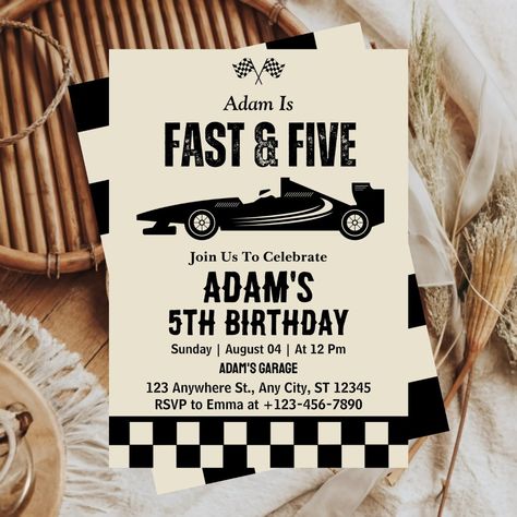 Fast & Five Race Car Boy 5th Birthday Party Invitation Five Birthday Party Ideas Boy, Five Year Old Birthday Theme Boy, Fast Five Birthday Party, 5 Year Boy Birthday Party Ideas, 5 Year Birthday Party Ideas Boy, Boy 5th Birthday Party Themes, Boys 5th Birthday Party Ideas, 5th Birthday Ideas For Boys Themes, 5th Birthday Ideas For Boys