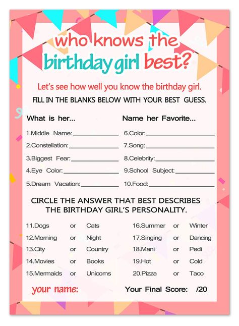 Birthday Girl Games, Kids Birthday Party Activities, Girls Birthday Party Games, Birthday Sleepover, Birthday Party Game, 13 Birthday, Questions For Friends, Girl Games, Cute Birthday Ideas