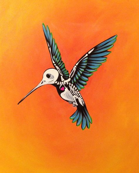 Day of the Dead Hummingbird by artist Rebecca Hull Trippy Hummingbird Tattoo, Hummingbird Tattoo Mexican, Mexican Hummingbird Art, Hummingbird And Skull Tattoo, Aztec Hummingbird Art, Skull Hummingbird Tattoo, Hummingbird Skull Drawing, Hummingbird Skeleton Tattoo, Alebrije Painting