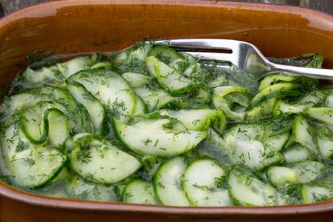 Pickled cucumbers play an important part in Swedish cuisine and are much more common than in the UK.  In this recipe the cucumber is very lightly pickled and then flavoured with dill, the King of the Herbs in Sweden. This is a simple, quick, easy and really rather good recipe! Swedish Pickled Cucumbers, Swedish Cucumber Salad, Swedish Salad Recipes, Swedish Midsummer Food, Swedish Vegetables, Swedish Cucumbers, Cucumber With Dill, Scandi Recipes, Swedish Meals