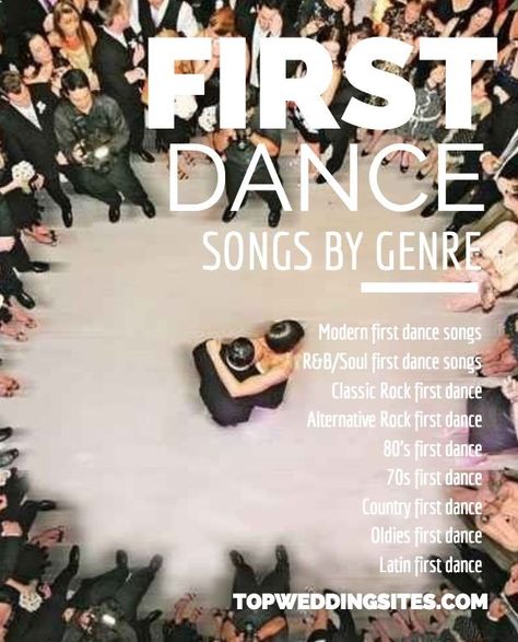 Top 5 First Dance Wedding Songs Listed by Genre | Team Wedding Blog #wedding #weddingmusic Rock Wedding Songs, Dance Wedding Songs, Best First Dance Songs, Songs Romantic, Country Wedding Songs, First Dance Wedding Songs, Wedding Song List, First Dance Wedding, Wedding Dance Songs