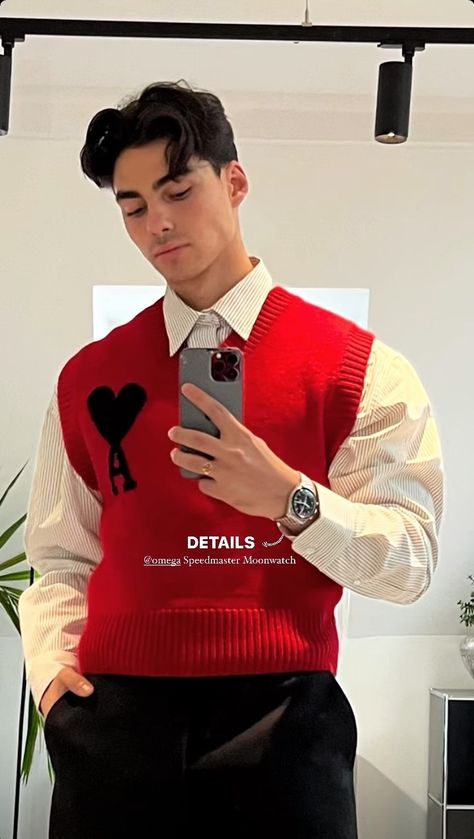 Red Business Casual Outfits Men, Men Red And White Outfit, Red Formal Wear Men, Valentines Day Fits Men, Men In Red Outfit, Heart Outfit Men, White And Red Outfit Men, Men’s Red Outfit, Valentines Outfit Men