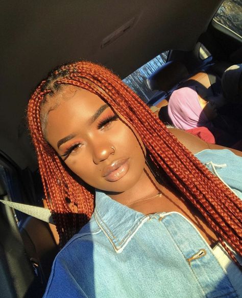 Copper Red Hair Color Black Women Braids, Copper Red Knotless Braids, Dark Orange Braids, Copper Red Box Braids, Orange Hair Shades, Ginger Box Braids Black Women, Copper Knotless Box Braids, Copper Box Braids, 350 Box Braids Color