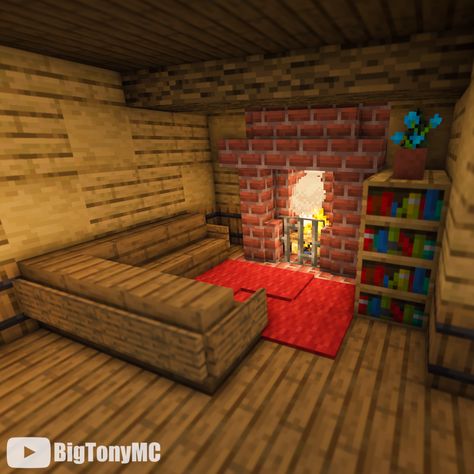 A cozy seat by the fireplace in this Minecraft cottage. Visit the link for the full build on my YouTube channel! Minecraft House Interior Living Rooms, Minecraft House Fireplace, Cute Minecraft Fireplace, Minecraft Seating Ideas, Cozy Minecraft Houses Interior, Cozy Interior Minecraft, Minecraft Interior Fireplace, Minecraft Fireplace Ideas Cottage, Minecraft Seats