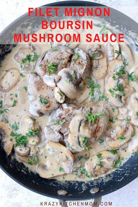 Steak With Boursin Cheese, Boursin Cheese Sauce For Steaks, Boursin Cheese Recipes Steak, Boursin Mushrooms, Boursin Steak, Boursin Sauce, Cheese Sauce For Steak, Dinner With Mushrooms, Boursin Cheese Recipes