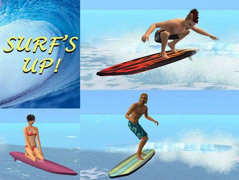 "Surf's Up!" - New surfing interaction and set.  This is the coolest mod ever!  Your Sims can now surf!  You buy them a board and make sure it's in their inventory.  Then they can build body points by surfing on the ocean.  The more body points they have, the longer they will stay on. #surfingtutorials Body Points, Sims Packs, Tropical Outfit, Vacation Locations, Three's Company, On The Ocean, Backyard Fun, Island Vacation, Surfs Up