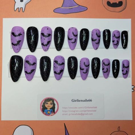 Black Holographic and Matte Eggshell Purple with Bats Bat Nails, Pretty Fingers, Purple Goth, Black Holographic, Skull Nails, Round Nails, Black Bat, Nails And Makeup, Black And Purple