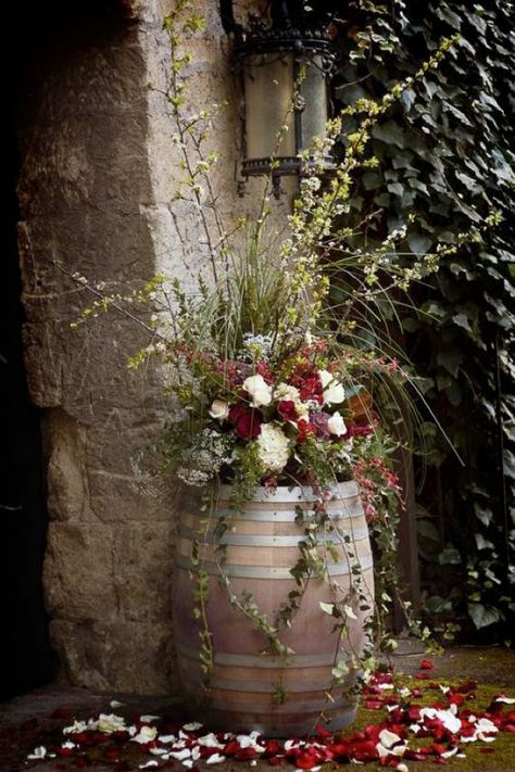 rustic country wine barrel wedding decor / http://www.himisspuff.com/rustic-country-wine-barrel-wedding-ideas/2/ Wine Barrel Wedding Decor, Barrel Wedding Decor, Wine Barrel Wedding, Wine Barrel Planter, Barrel Wedding, Ceremony Arrangement, Barrel Planter, Wine Barrels, Garden Containers