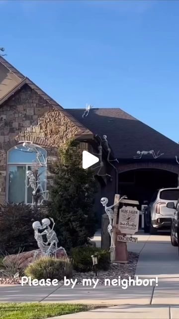 Never_Done_DIY on Instagram: "@sallyshouz neighbor takes Halloween décor to a skeleton extravaganza!

Follow @sallyshouz and tag someone who wishes their house was this spooktacular!

#NeighborhoodHauntedHouse #HalloweenDecorGoals #SillySkeletonSpooktacular #NeighborhoodLaughsAndThrills #halloweendecor #halloween #skeleton #skeletonlove #never_done_diy 

Please DM for credit or removal." Outside Skeleton Decorations, Skeletons On House Halloween, Hanging Skeletons On House, Skeletons Halloween Outdoor, Skeletons On House, Skeleton Halloween Decorations Yards, Skeleton Sitting In Chair, Skeleton Decorations Outdoor Funny, Skeleton Scenes For Halloween