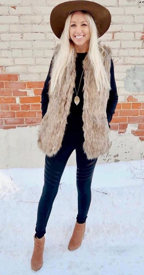 Ankle Boots Winter Fashion Outfit With Leggings And Fuzzy Vest Ankle Boots Winter Fashion Outfit For Women - Searching online for a popular new pair of ankle boots to wear with your favorite fuzzy vest and legging... #Ankle #Boots #fashion #Fuzzy #Glowingskin #Leggings #outfit #vest #Winter #women'slifestyle ... Fuzzy Vest Outfits For Women, Ankle Boots Outfit Winter Dressy, Tan Boots Outfit Ankle Winter, Fuzzy Vest Outfit, Outfits Mit Leggings, Outfit With Leggings, Cold Clothes, Ankle Boots Outfit, Fur Vest Outfits