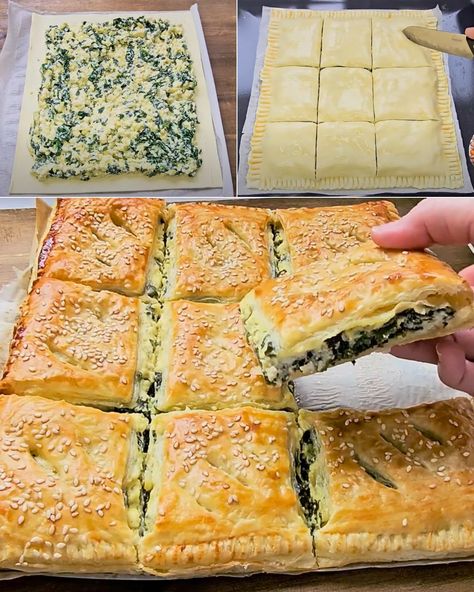 WORLD’S BEST GREEK VEGAN SPANAKOPITA Spinach Squares, Spanakopita Recipe, Pastry Ideas, Greek Recipes Authentic, Feta Cheese Recipes, Puff Pastry Filling, Vegan Feta Cheese, Feta Recipes, Parmesan Crusted