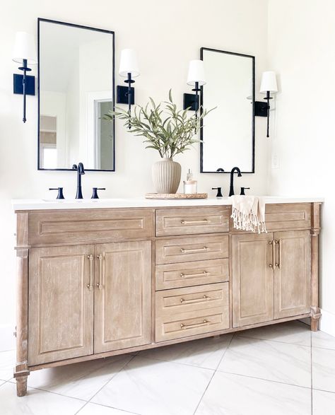 Bathroom Sconces Double Vanity, Double Vanity Mirror Ideas, Restoration Hardware Bathroom, Home Depot Vanity, Counter Bathroom, Master Bath Vanity, Small Bathroom Sinks, Neutral Bathroom, Best Bathroom Vanities