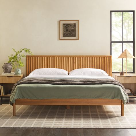 Middlebrook Designs Transitional Solid Wood King Bed - Bed Bath & Beyond - 40164126 Wood Spindle Bed Frame, Home Made Bed Frames Wood, White Oak Headboard, Mcm Bed Frame, Reeded Headboard, King Bed Frame Diy, King Wood Bed Frame, Japandi Bed Frame, Light Wood Bed Frame