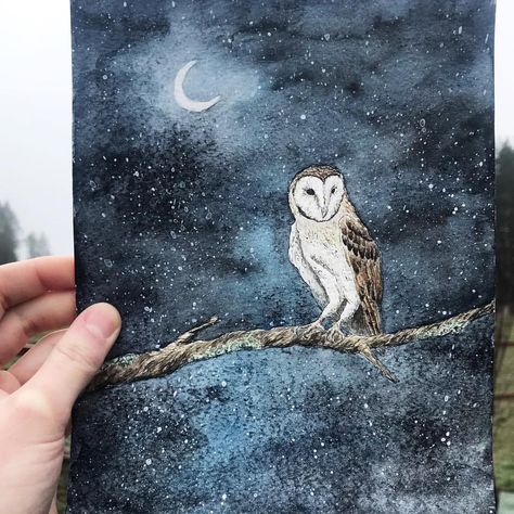 Felt Burning, Burning Hats, Owl Night, Owl Watercolor, Watercolor Galaxy, Night Painting, Night Owl, Artist Life, Starry Sky