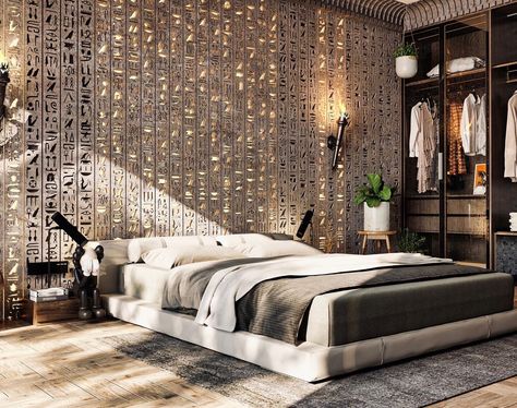 Pharaoh Design, Ancient Egyptian Design, Egyptian Bedroom, Egypt Gods, Egyptian Furniture, Egyptian Home Decor, Materials Board Interior Design, Head Boards, Egyptian Design