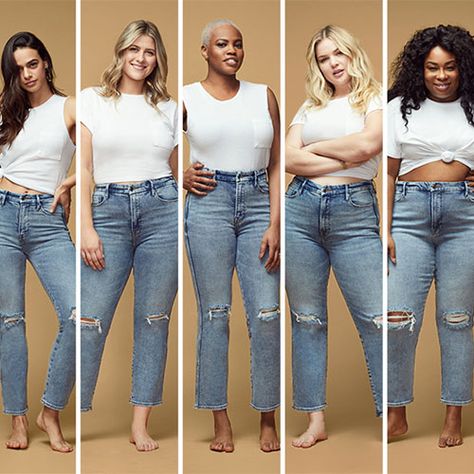 Good American Now Shows You Exactly How Jeans Will Look In Your Size Good American Jeans Plus Size, Good American Jeans Outfits, Long Skirt Outfits Korean, Plus Size Jeans Outfit, Brown Leather Skirt, Good American Jeans, Woman Jeans, Corporate Wear, Fast Fashion Brands