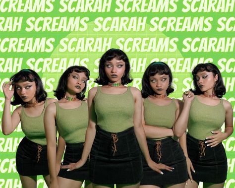 Collage of woman posing five different ways in an all green outfit, black shoulder length hair, and eyes edited to be all white. Back ground is lime green with text reading "scarah screams" over and over again. Scarah Screams Halloween Costume, Scarah Screams Costume, Scarah Screams Cosplay, Scarah Screams Monster High, Scream Halloween Costume, Scarah Screams, Scream Costume, Monster High Cosplay, Scream Halloween