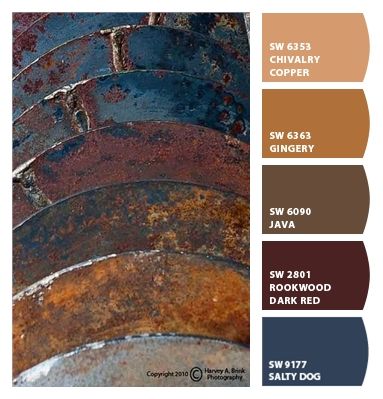 Brown Color Schemes For The Home, Country Color Palette Rustic, Lodge Style Paint Colors, Rusty Colour Palette, Bronze Complimentary Colors, Western House Paint Colors, Copper Complimentary Colors, Copper Color Pallete, Copper And Blue Color Palette