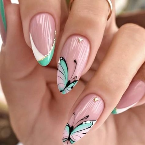 Amazon.com: Magrace Press on Nails Medium Almond Fake Nails French Tips False Nails with Designs 24 pcs Stick on Nails for Women : Beauty & Personal Care Mint Green Nail Polish, Mint Green Nails, Cover Nails, Almond Acrylic, Green Nail Art, Nails Glossy, Easter Nail Designs, Nails Nude, Green Nail Designs