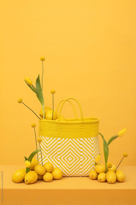 Fruit Basket Aesthetic, Basket Aesthetic, Easter Yellow, Flower Still Life, Fruit Bag, Yellow Table, Woven Bags, Year 3, Fruit Basket