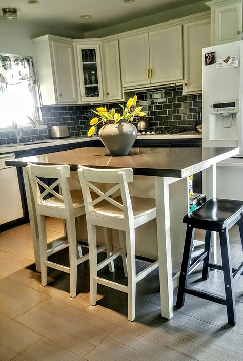 Ikea Stenstorp Kitchen Island Hack. We added grey quartz on top with more room to add a saddle bar stool. Ikea Kitchen Island With Seating, Kitchen Island With Seating For 4, Portable Kitchen Island, Ikea Kitchen Island, Small Kitchen Tables, Small Kitchen Island, Kitchen Island Bar, Kitchen Island Table, Stools For Kitchen Island