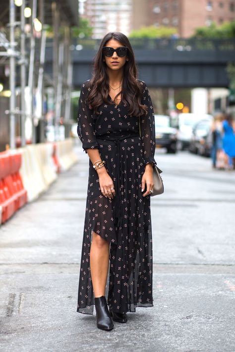 The New Maxi-Dress Of The Summer Is... Ankle Boot Dress Outfit, Black Maxi Dress With Boots, Boots With Long Dresses, Boots With Maxi Dress, Dress And Ankle Boots Outfit, Maxi Dress With Booties, Long Dress And Boots, Summer Dress With Boots, Maxi Dress And Boots