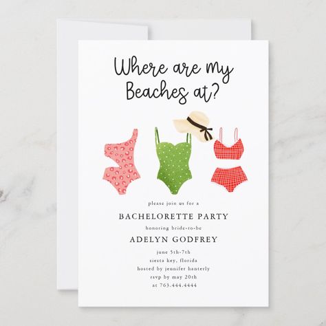 Where Are My Beaches At Bachelorette Party Invitation | #wherearemybeachesat #bacheloretteweekend #bacheloretteparty #beachbacheloretteparty #beachvacation #summerparty #destinationparty #girlstrip #girlsweekend #oceanparty Beach Theme Bachelorette Party, Beach Theme Bachelorette, Beach Bridal Shower Invitations, Beach Bachelorette Party, Bachelorette Weekend Invitations, Beach Bridal Showers, Bachelorette Party Invitation, Awesome Bachelorette Party, Bachelorette Party Beach