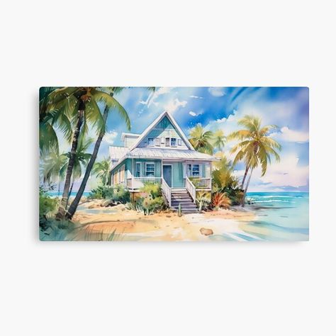 Artwork in the style of a watercolor painting of a tropical oasis featuring a charming beach cottage and palm trees in front of the ocean. (Digital artwork created with Generative AI and Photoshop.) • Millions of unique designs by independent artists. Find your thing. Beach House Painting, Beach Cottage Design, Florida Keys Beaches, Easy Doodles, Doodles Drawings, Tropical Oasis, Easy Doodles Drawings, Cottage Design, Beach Cottage