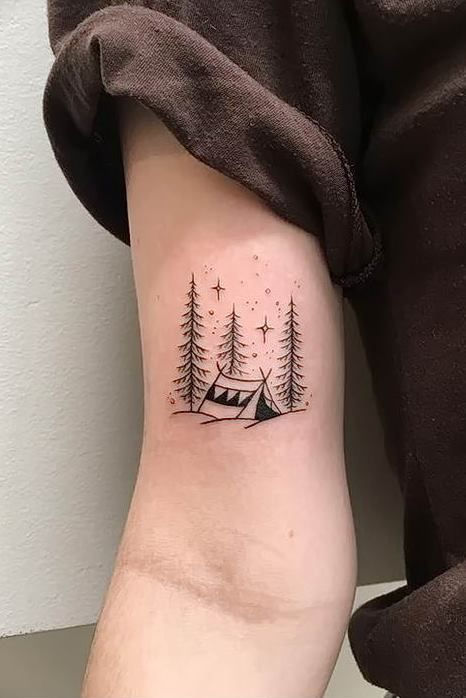 Tattoo | Ideas | Inspiration Dainty Outdoor Tattoos, Small Tent Tattoo, Small Adventure Tattoo, Camping Tattoo For Women, Simple Camping Tattoo, Camping Tatoo, A Frame Tattoo, Outdoor Tattoo For Women, Small But Meaningful Tattoos