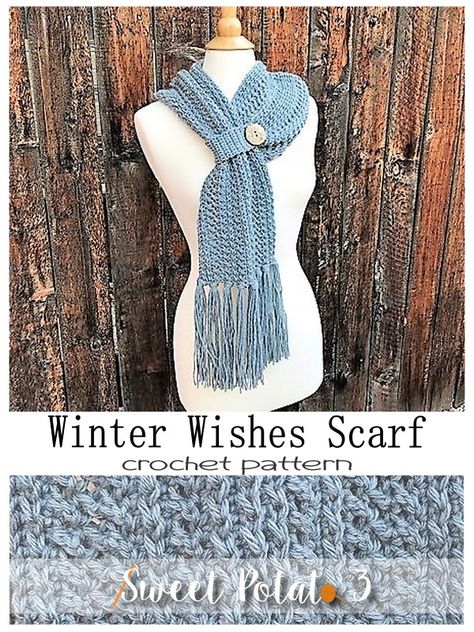 A beautiful textured scarf crochet pattern that can be worn by every generation. An easy button loop secures the scarf in place and gives it a cute and unique look.  This design is an ideal gift for the holidays! #SweetPotato3 #CrochetPattern #crochetscarf #winterwishes #cloudborn #greyscarf #ilovegrey #fashionscarf Crochet Scarf With Buttons, Button Scarf Knitting Pattern, Key Hole Scarf Crochet Pattern, Keyhole Scarf Crochet Pattern Free, Crochet Keyhole Scarf, Free Crochet Scarf Patterns, Crochet Scarf Pattern Free Easy, Muffler Design, Gifts Crochet