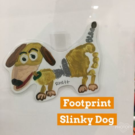 Toy Story Handprint Art, Toy Story Footprint Art, Footprint Dog Craft, Toy Story Hand And Footprint Art, Tigger Footprint Art, Footprint Disney Characters, Disney Footprint Art, Dog Nose Print Art Diy, Disney Princess Footprint Art