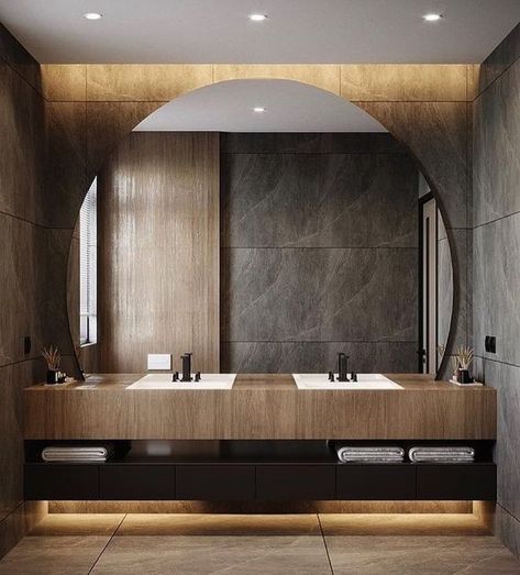 Double Vanity Design, Curve Mirror, Vanity Goals, Recess Lighting, Curved Mirror, Vanity Design, Powder Rooms, Concrete Tiles, Main Bathroom