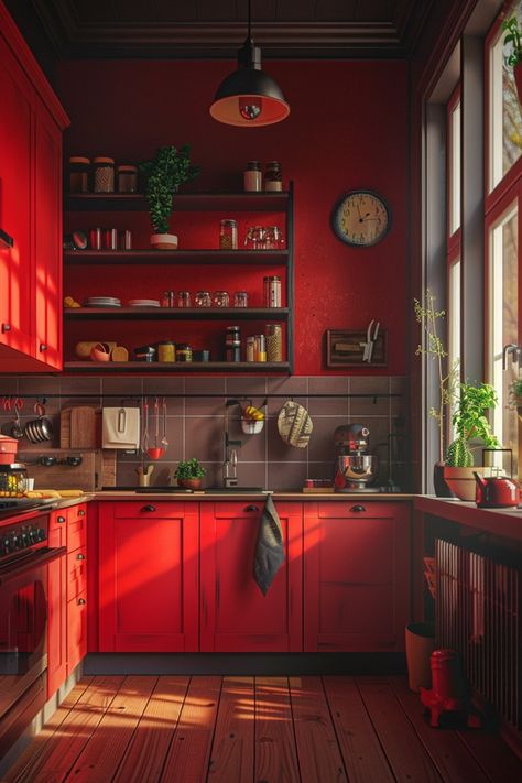 56 Stunning Red Kitchen Ideas for Every Style - DecorWithEva Red Boho Kitchen, Red Kitchen Walls Paint, Red Kitchen Ideas, Home Haunted House, Red Kitchens, Red Kitchen Walls, Red Cafe, Monochrome Kitchen, Haunted House Decor