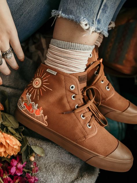 These shoes are 100% vegan, and 100% cute🤩 Adventure Shoes, Bangs Shoes, Embroidered Converse, Sunrise Mountain, Dr Shoes, Mountain High, Embroidery Shoes, Embroidered Canvas, Embroidered Shoes