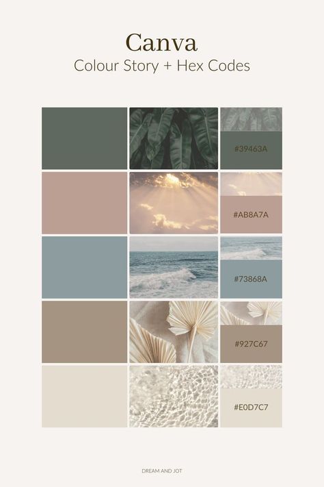 eqrfe Canva color palette with earthy tones and hex codes: #39463A, #AB8A7A, #73868A, #927C67, #E0D7C7. | Sky Rye Design Colour Palette With Hex Codes, Website Color Palette, Hex Color Palette, House Color Palettes, Color Schemes Colour Palettes, Nature Color Palette, Hex Codes, Brand Color Palette, Color Palette Design