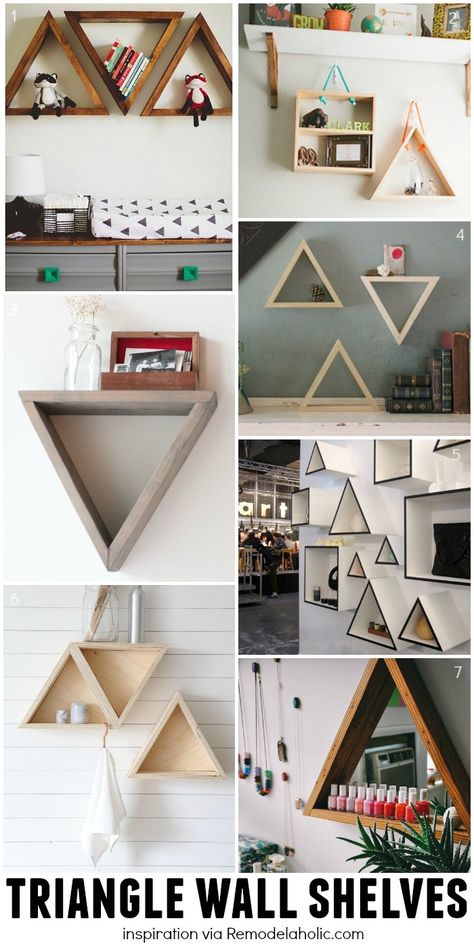 Triangle Wall Shelving Ideas - plus a building plan for the easy geometric shelves! Geometric Shelving, Wall Shelving Ideas, Enchanted Decor, Diy Display Shelf, Space Decorations, Geometric Bedroom, Shelf Inspiration, Geometric Furniture, Wall Murals Diy