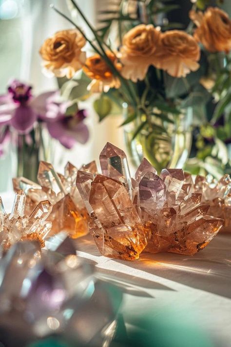 How To Arrange Crystals For Energy And Beauty Centerpieces With Crystals, Crystal Display Ideas Decor, Crystal Arrangements, Sunlife Organics, Crystals For Energy, Spring Bedroom Decor, Flowers And Crystals, Spiritual Garden, Crystal Garden