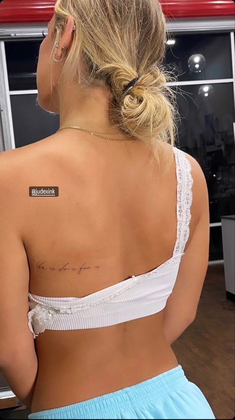 Writing Back Tattoo Women, Discreet Back Tattoos, Back Side Tattoo Women Small, Women’s Small Back Tattoo, Side Next Tattoo For Women, Tattoo On Both Sides Of Ribs, Choosing Yourself Tattoo, Thigh Crease Tattoos Women, Back Tattoos For Women Quotes