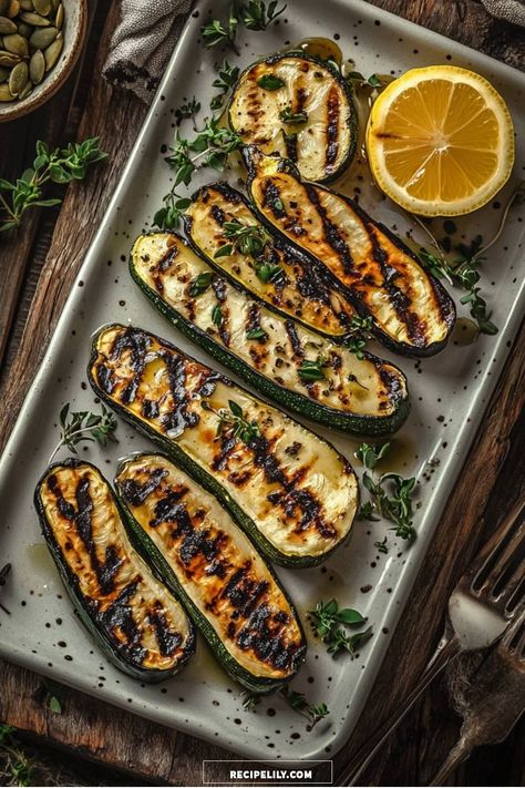 I love how simple grilled zucchini can be a showstopper! These perfectly charred slices are complemented by fresh thyme and a squeeze of lemon, making them the perfect side dish for any meal. Try it at your next gathering! Foreman Grill Recipes, Grilled Zucchini, Grilled Veggies, Perfect Side Dish, Grilled Vegetables, Fresh Thyme, Grilling Recipes, Thyme, Try It